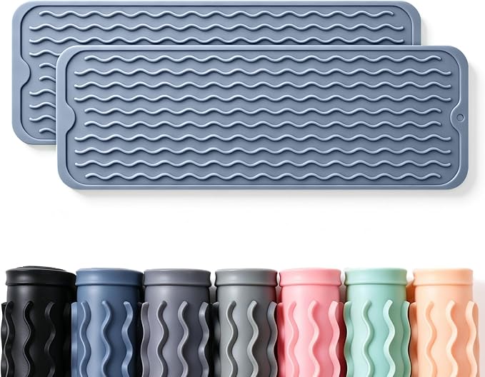 2 Pack Caketime Silicone Dish Drying Mat for Kitchen Counter Heat Resistant Multiple Usage Bathroom Countertop Uner Sink Area Faucet Drainer Organizer Must Haves 2026 Necessities 17inchx6inch Blue