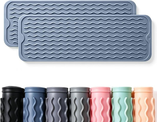 2 Pack Caketime Silicone Dish Drying Mat for Kitchen Counter Heat Resistant Multiple Usage Bathroom Countertop Uner Sink Area Faucet Drainer Organizer Must Haves 2026 Necessities 17inchx6inch Blue