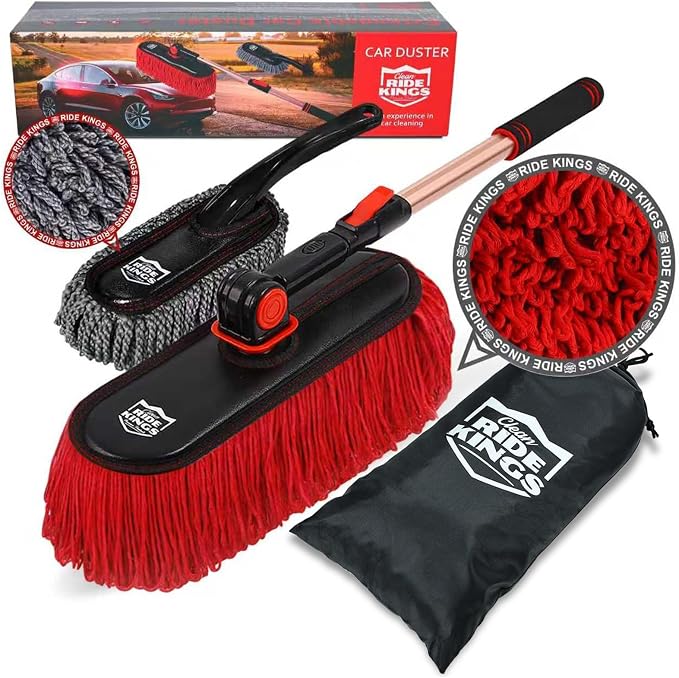 Car Duster Exterior Scratch Free,Car Dust Brush with Extendable Telescoping Handle to Remove Dust Pollen,Duster for Car,Truck,RV and Motorcycle,Large Auto Mop Duster Head, Wax Cotton Hair | Telescoping auto mop traps pollen scratch-free. Red combo with...