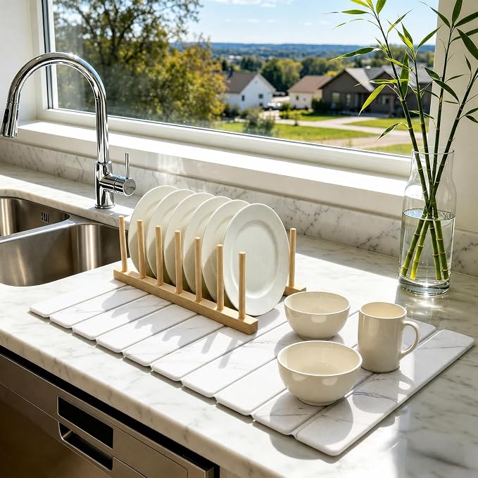 Stone Dish Drying Mat for Kitchen - Diatomaceous Earth Drying Mats | White Color, Counter Mats Quick Dry, Foldable Design, Super Absorbent, (24"×16"/ 8"x4" / 1 Drain Rack) , for Dishes Cups