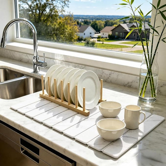 Stone Dish Drying Mat for Kitchen - Diatomaceous Earth Drying Mats | White Color, Counter Mats Quick Dry, Foldable Design, Super Absorbent, (24"×16"/ 8"x4" / 1 Drain Rack) , for Dishes Cups