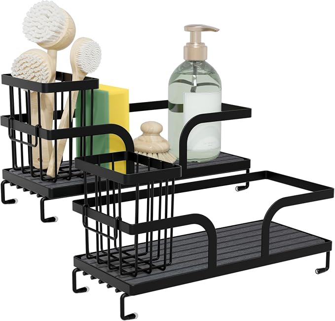 Sponge Holder for Kitchen Sink Caddy with Stone Drying Tray 2 PCS | No Draining Needed, Removable Brush Holder，Sink Caddy Organizer,Countertop Storage, Bathroom, Home Decor Accessories