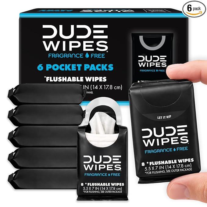 DUDE Wipes Unscented Pocket Packs - Travel Wipes - 6 Packs of 8 (48 Count) - On-The-Go Adult Flushable Wipes for Sensitive Skin - Infused with Vitamin E and Aloe - Septic and Sewer Safe