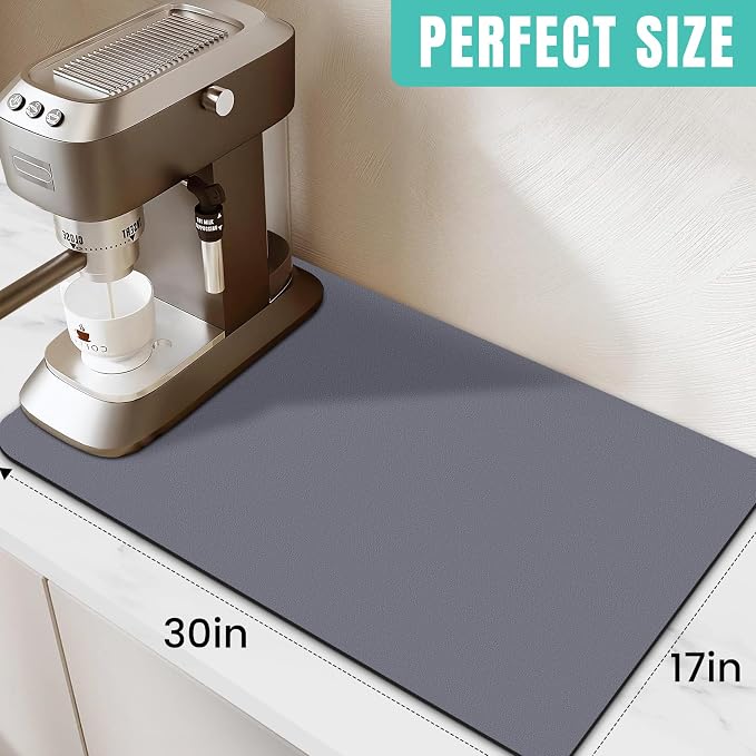 WISELIFE Coffee Mat Super Absorbent Dish Drying Mat Bar Accessories Match with Coffee Machine Large Drying Mats for Kitchen Counter 17" W x 30" L, Grey