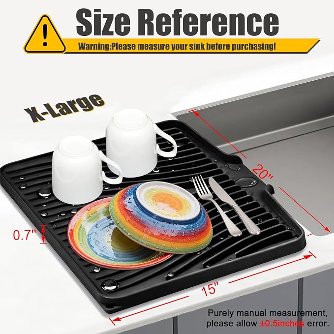 TIKNIK Silicone Dish Drying Mat for Kitchen Counter - Heat Resistant & Non-Slip Dish Drain Pad with Built-In Drain, Dishwasher Safe, Quick-Dry, Hangable & Roll-Up for Storage, Black-1pc, 20" x 15"