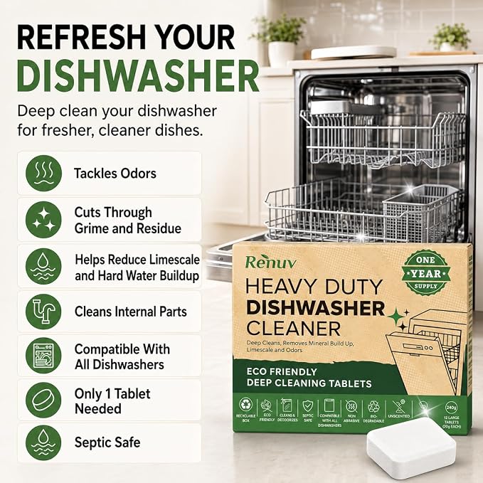 Renuv® Garbage Disposal Cleaner + Dishwasher Cleaner Bundle | Heavy Duty Kitchen Appliance Deep Cleaning, Descaling and Deodorizing, 12 Tablets of each