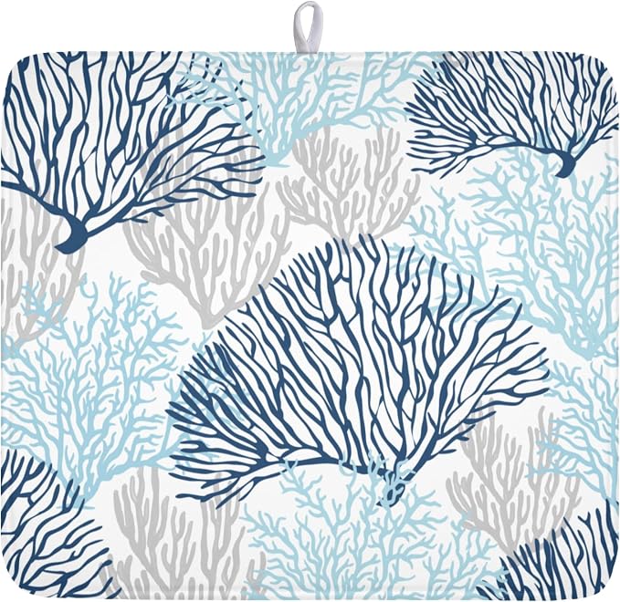 Beach Theme Dish Drying Mat for Kitchen Counter 16x18 Inch | Blue Coral，Polyester，Absorbent Microfiber，for Coffee Dining Decor
