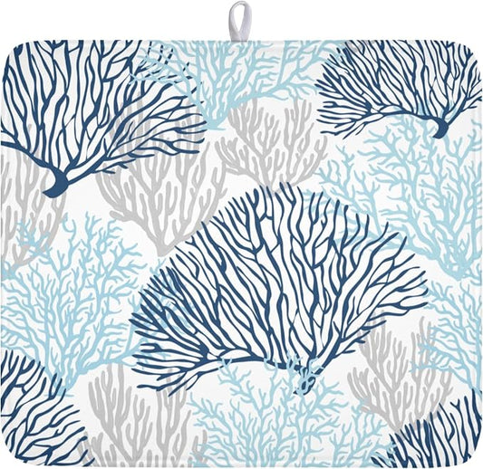 Beach Theme Dish Drying Mat for Kitchen Counter 16x18 Inch | Blue Coral，Polyester，Absorbent Microfiber，for Coffee Dining Decor