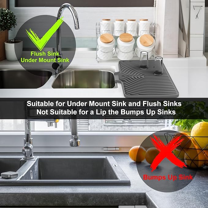Dish Drying Mat for Kitchen Counter, with Built-in Drain Lip, 18x11.8 inch, Food-Grade Silicone, Easy Clean Pad for Countertop Protection, Heat Resistant, Easy Clean, Multi-Functional Use (Grey)