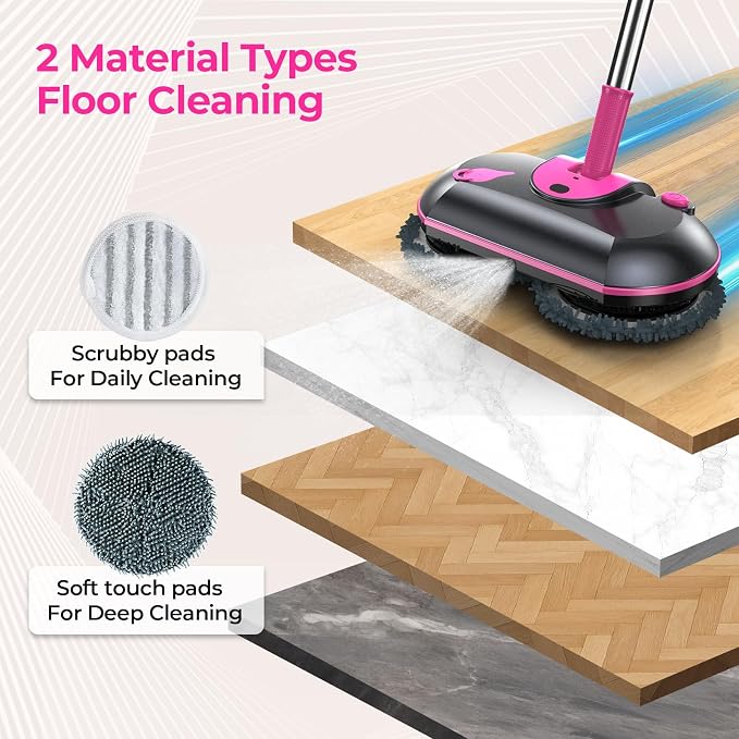 Cordless Electric Mop, Electric Spin Mop with Water Sprayer, Powerful Floor Cleaner, 300ml Tank Self-Propelled for Hardwood & Tile, Adjustable Handle, 2500mAh Long-Lasting Battery, Pink