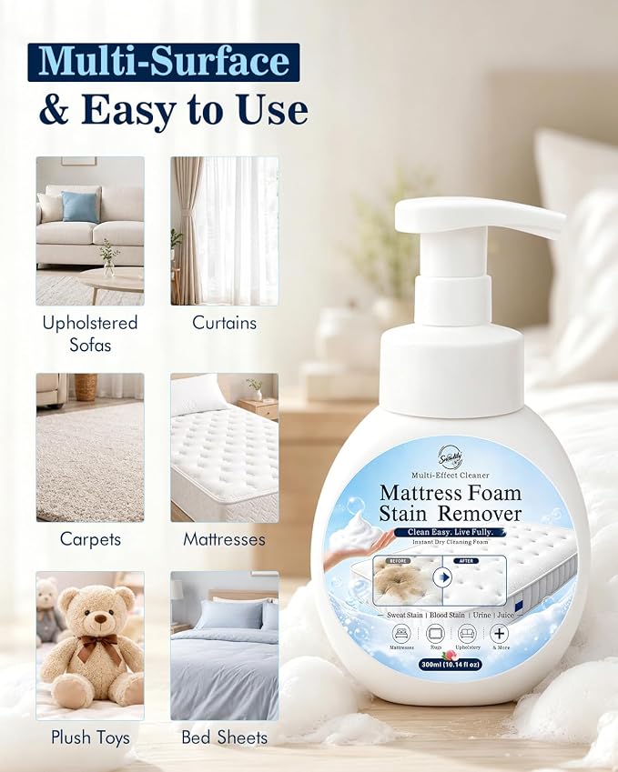 Snowlily Mattress Stain Remover Foam Spray - Multi-Surface Fabric and Upholstery Cleaner, Pet-Safe, Non-Toxic, Quick-Drying for Mattress, Couch, Carpet,300ml
