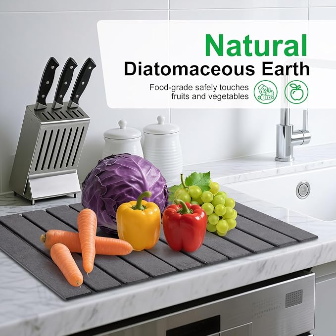 cuomaop Stone Drying Mat for Kitchen Counter Large, Foldable Quick Dry Diatomaceous Earth Mat for Dishes Bottles Cups, Absorbent Collapsible Stone Dish Drying Mat for Countertop Bathroom 23" x 15.3"