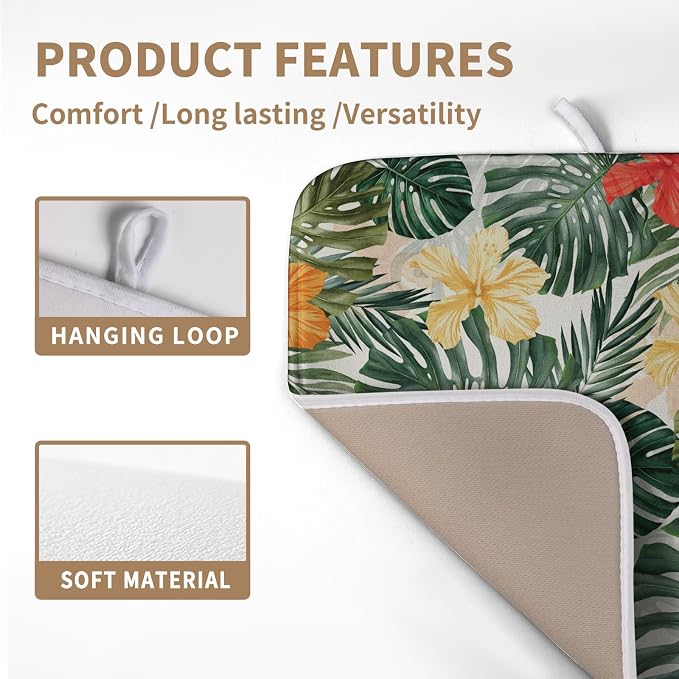 Tropical Leaves Flower Drying Mat for Kitchen Counter Summer Palm Leaf Drying Dish Mat Watercolor Herbs Dishes Pad Absorbent Fast Dry Kitchen Accessories 16x18 Inch