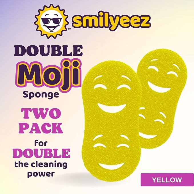 Smilyeez Double-Size Scrub Moji Sponge 2-Pack – Dual Smiling Faces, Temperature-Responsive Scrubber – Scratch-Free, Odor & Stain Resistant – Yellow