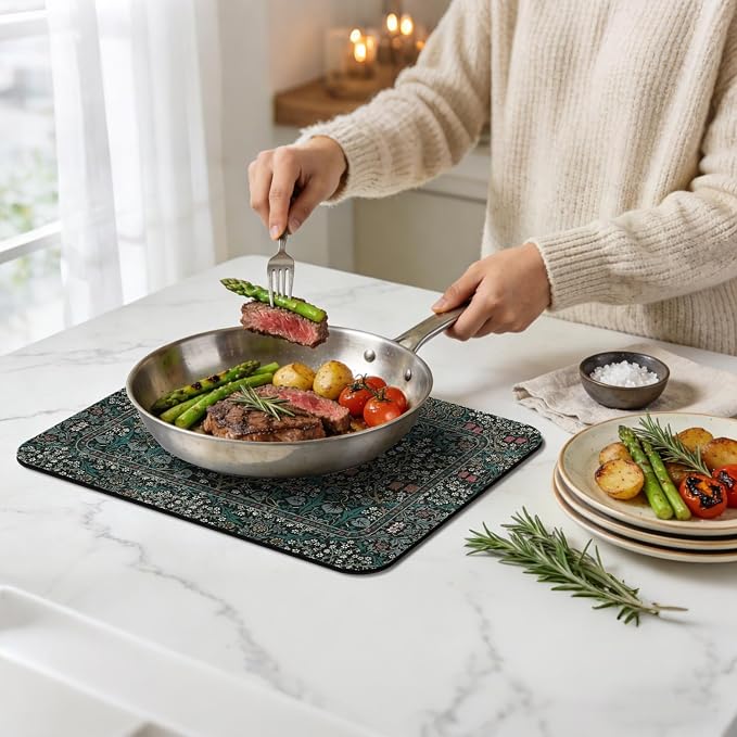 Dish Drying Mat for Kitchen Counter 12x20 Inch, Boho Quick Dry Coffee Mat | Made of super absorbent diatomite that quick dries dishes, coffee machine & sink area. Non-slip rubber base for countertop