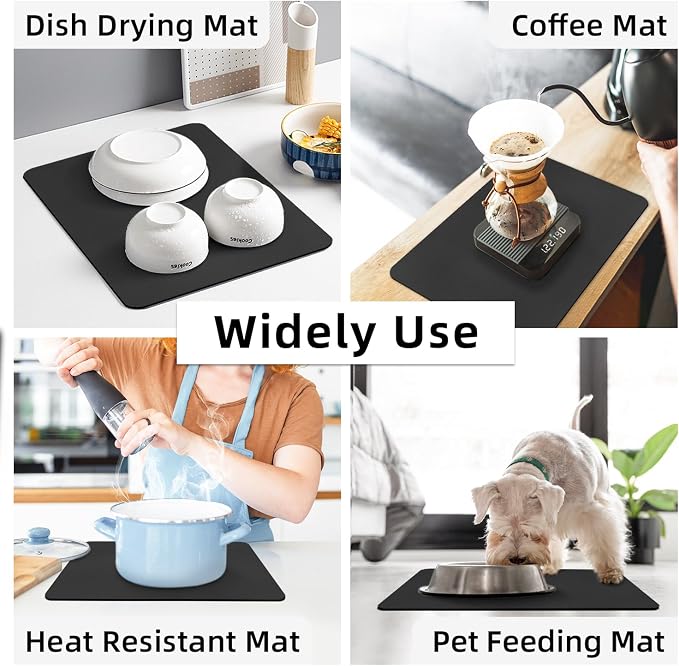 LOPNUR Kitchen Dish Drying Mat, 18"x16" Small Dish Drying Mats for Kitchen Counter, Super Absorbent Dish Drying Pad, Diatomite Coffee Mat Heat Resistant Mat with Anti-slip Rubber Backed, Black