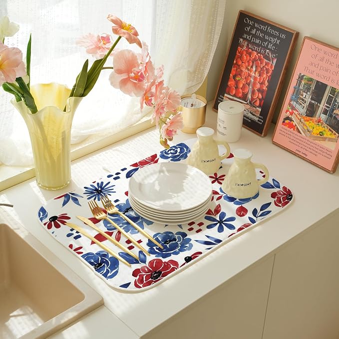 4th of July Dish Drying Mats 18x24 Inch Watercolor Floral Blue Red Flower Patriotic Drying Mats Summer Outdoor Independence Memorial Day Absorbent Drying Dish Mats for Kitchen Dining Room Decor