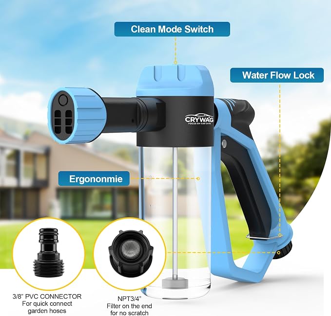 Car Wash Foam Gun for Garden Hose, with Microfiber Wash Mitt, Foam Sprayer | 3 spray modes & 50% higher water Pressure foam cannon kit, no pressure washer, for Cars, Trucks, RVs, Motorcycles, Pet