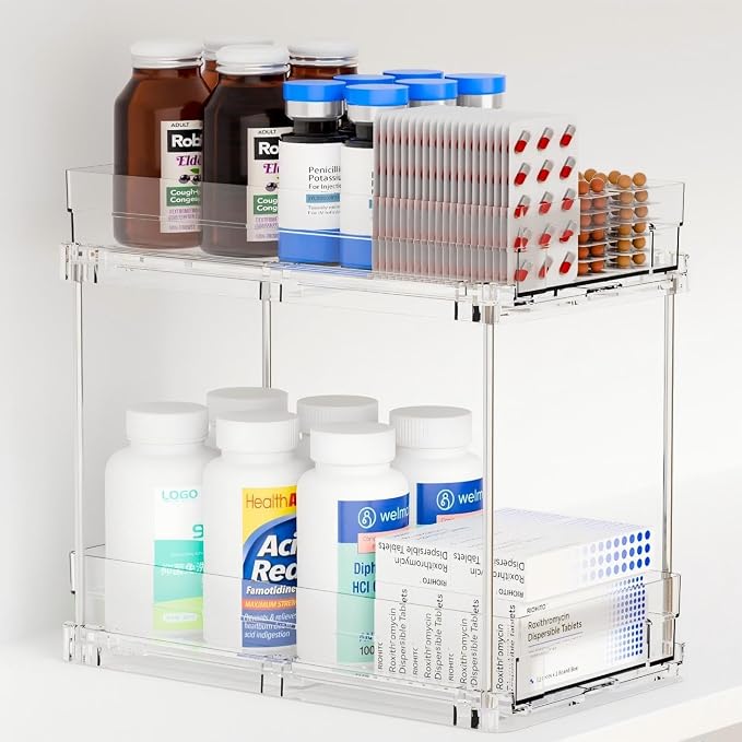 Yieach 2 Tier Pull Out Cabinet Organizer and Medicine Cabinet Storage for Supplement,Vitamin,Medication and Pill Bottle,10.4" Deep Pantry Organizers Drawer,Under Sink Organizer for Bathroom,Cupboard