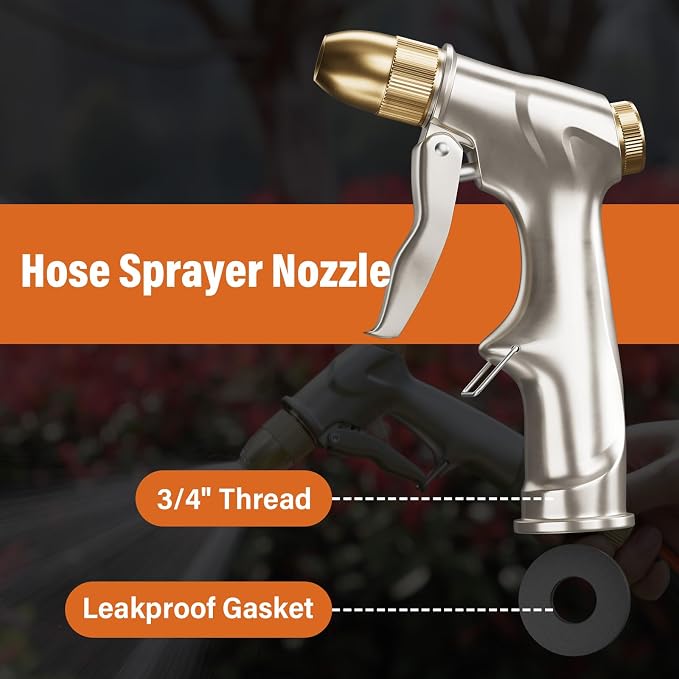 100% Metal Heavy Duty Garden Hose Nozzle with Brass Nozzle with 4 Patterns | Fits 3/4” Garden Hose Thread for Plants, Lawns, Cars, Patio, Car, Window