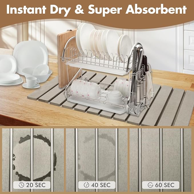 Extra Large Stone Dish Drying Mat for Kitchen Counter, 28"×16" Eco-friendly,Instant Drying Pad,Diatomaceous Earth Water Absorbing Mat, Foldable and Super Absorbent Dish Drying Stone Mat, Warm Gray