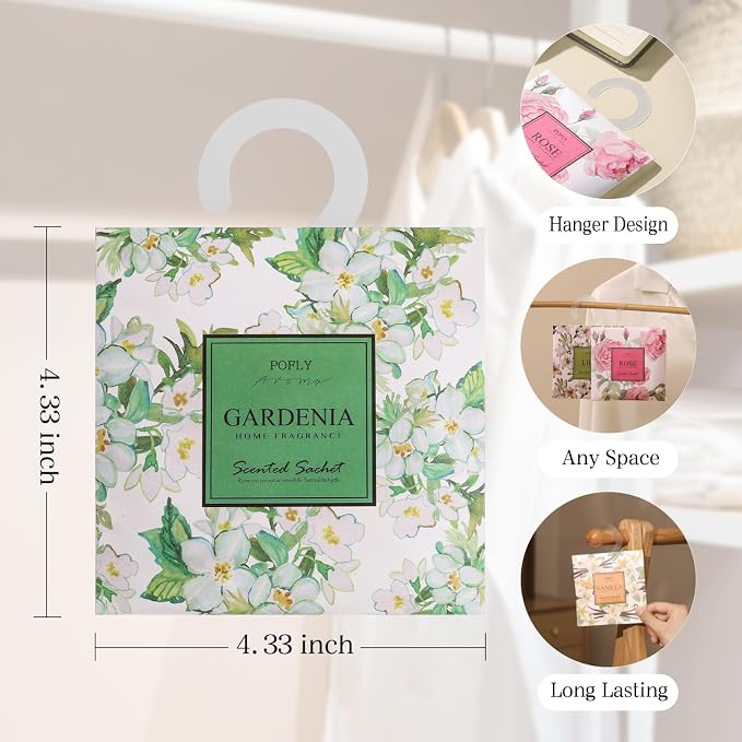12 Pack Gardenia Scented Sachets, Air Freshener for Small Spaces | Hanging Sachet Bags with Retractable Hook; Closet Deodorizer & Odor Eliminator for Drawers, Shoe Cabinets, Cars & Luggage
