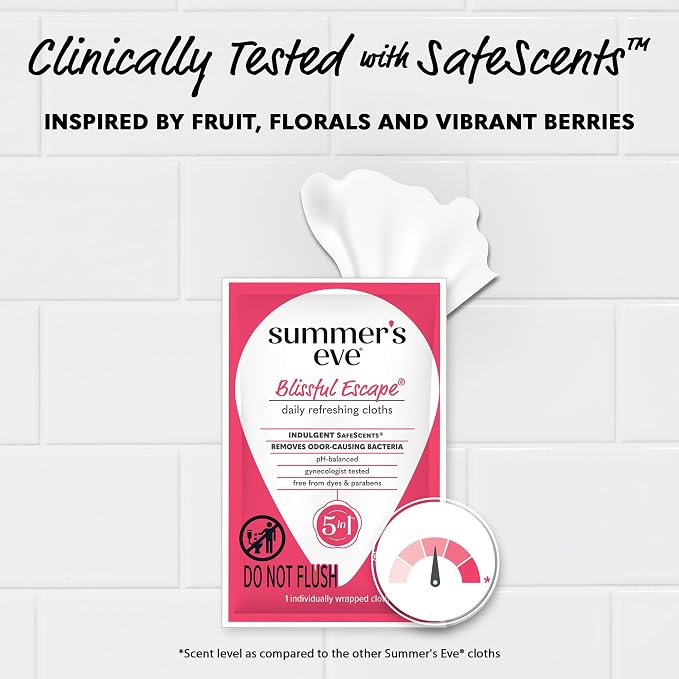 Summer's Eve Blissful Escape Feminine Wipes, Gentle pH-Balanced Formula Helps Control Vaginal Odor, Individually Wrapped Wipes, 12 Count