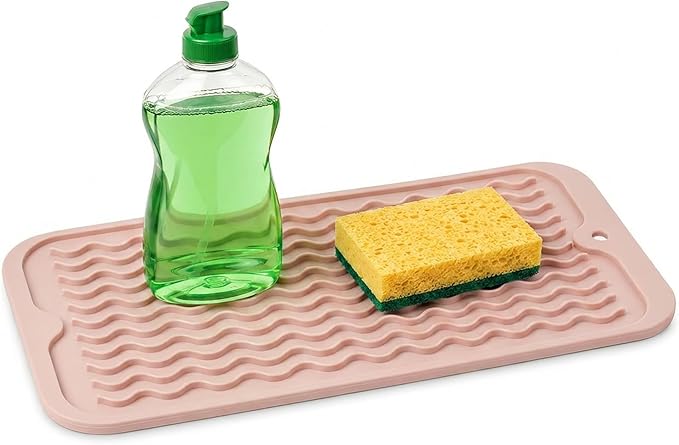 ZLR Silicone Sink Caddy Tray (6" x 12" / 153 x 305mm) - Narrow Sponge Holder for Kitchen Counter - Waterproof Dish Drying Mat, Non-Slip Soap Dispenser Mat & Bathroom Vanity Organizer (Peach Pink)