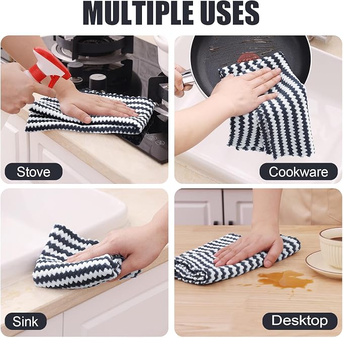 Homaxy Kitchen Towels(12 Pack, 10 x 20 inches), Ultra Soft and Absorbent Dish Towels, Reusable Fast Drying Microfiber Cleaning Cloth, Coral Velvet Wave Design No-lint, Dark Grey