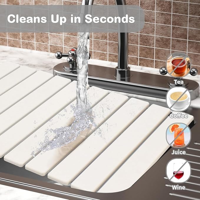 Large Stone Dish Drying Mat for Kitchen Counter, 24"(L)×16"(W), Collapsible Quick Drying Mat, Absorbent Eco-Friendly Diatomaceous Earth Mats for Dishes and Bottles, Match Any Countertop【White】