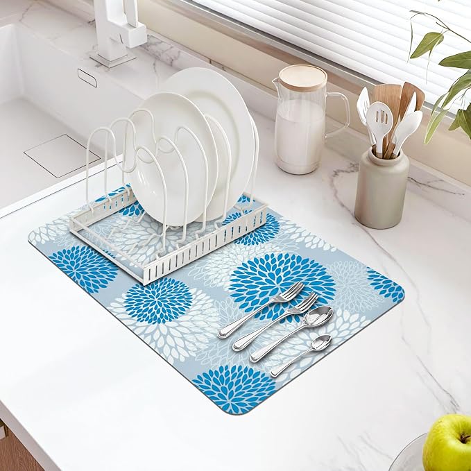 Dish Drying Mat, Dish Mat Drying Kitchen Mat with Rubber Backed, Hide Stain Kitchen Super Absorbent Draining Mat, Easy to Clean Dish Rack Pad for Dishes Countertop (Blue Floral, 12" x 19" )
