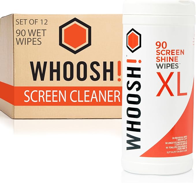 WHOOSH! Screen Shine 90 Count Touch Screen Cleaner Wipes for Car, OLED, TV, Eyeglasses, Laptop [Set of 12] Lint-Free, Non-Abrasive Wipes – Streak-Free, Non-Toxic & Odorless – Microsuede Cloth Included