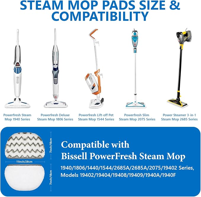 1940 1806 for Bissell Steam Mop Pads Replacement Compatible with Bissell Powerfresh Steam Mop 1544 1440 2075A 2685A Series, Models 19402 19404 19408 19409 1940A 1940F 1940Q 1940T 1940W B0006 B0017