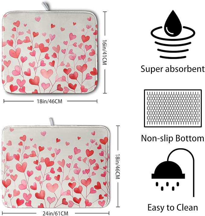 Valentines Pink Love Heart Dish Drying Mat Valentine Day Absorbent Microfiber Dish Drying Pad Heat Resistant Kitchen Counter Draining Mat Extra Large Dish Drainer Rack Mats 16x18 Inch