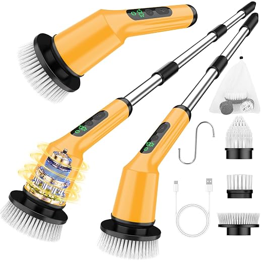 Electric Spin Scrubber for Cleaning Bathroom, Shower Scrubber Cordless Cleaning Brush with IPX7 Waterproof & 2 Speed, 3 Floor Machine Pads, Bathroom Cleaning Supplies for Shower Tub Yellow