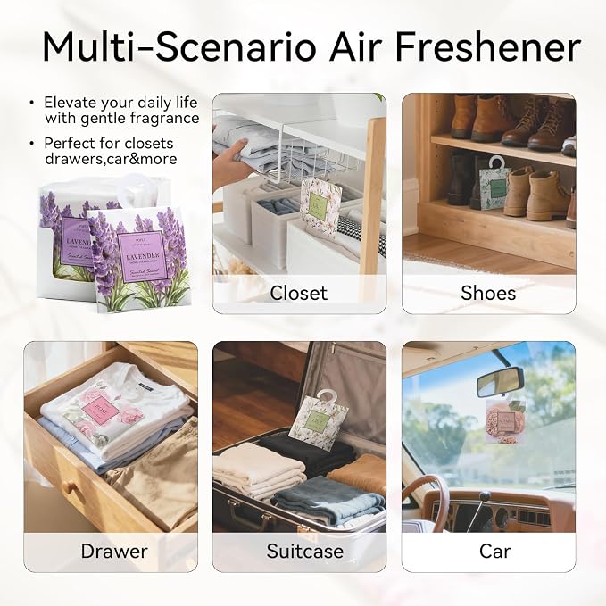 12 Pack Nutmeg Scented Sachets, Air Freshener for Home & Small Spaces | Hanging Sachet Bags with Retractable Hook; Closet Deodorizer & Odor Eliminator for Drawers, Shoe Cabinets, Cars & Luggage