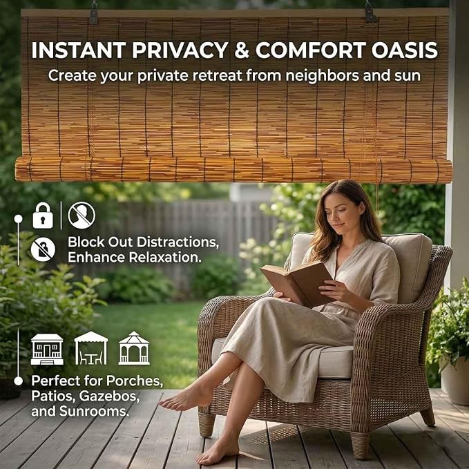 Bamboo Roller Shades for Outdoor Patio, Blackout Roll Up Blinds Cordless Bamboo Blinds for Indoor Windows Waterproof Roman Reed Shades Porch Balcony Outside Privacy Sun Shade(70" W x 72" H)