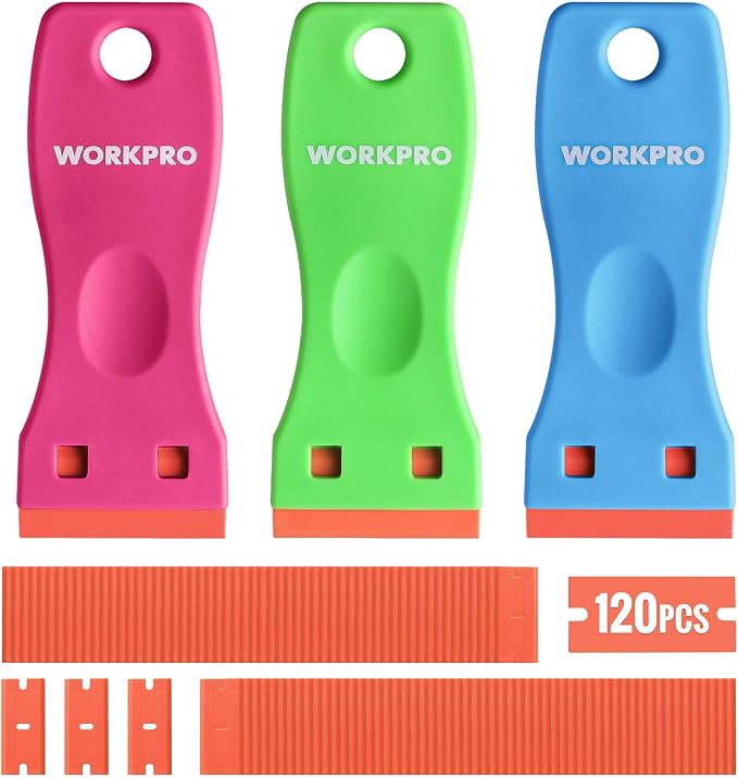 WORKPRO Plastic Razor Blade Scraper Kit, 3 Scrapers with 120 Blades | Safer Plastic Blade Design, Helps Reduce Scratches, Removes Stickers, Labels, Glue & Residue from Glass, Windows & More