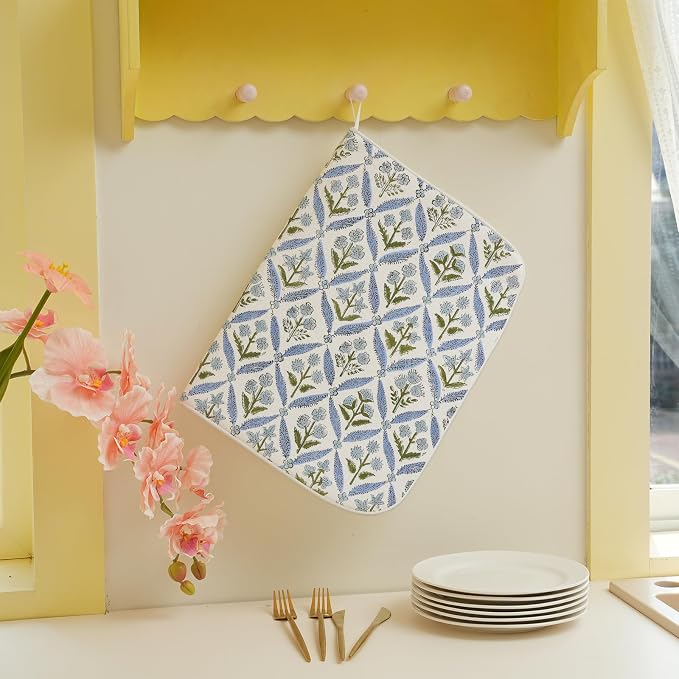 Blue Sage Green Block Print Dish Drying Mats 18x24 Inch Blue Green Vintage Spring Floral Drying Mats Summer Outdoor Decorations Absorbent Drying Dish Mats for Kitchen Dining Room Counter Decor