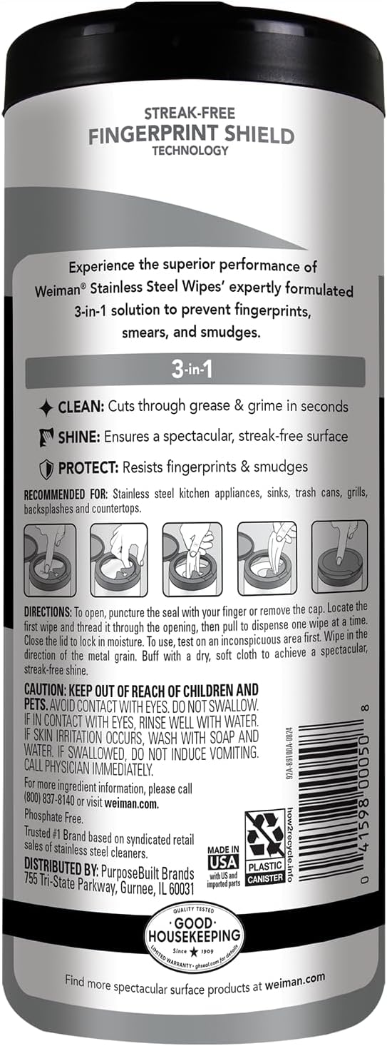 Weiman Stainless Steel Cleaner, 30 Count Wipes, Anti-Fingerprint, Removes Grease, Water Spots, Streaks & Residue, Polishing Cleaner Safe for Appliances, Chrome, Sinks & Grill Exteriors
