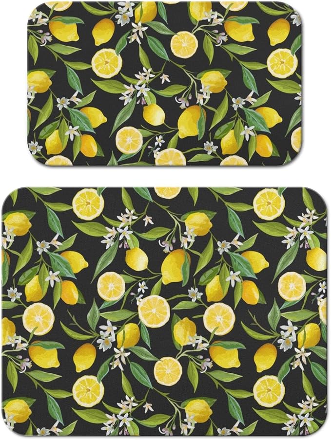 Dish Drying Mat 2-Pack in Black Lemon for Kitchen Counter Dishes Mat | Diatom Mud Mats (18x24, 19.5x12"). Non-slip rubber back for kitchen counter, coffee bar & sink scenes