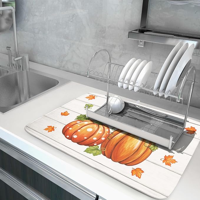 Fall Dish Drying Mat for Kitchen Counter Cute Pumpkin Festival Microfiber Absorbent Dish Draining Reusable Washable Foldable Extra Large 18"x24"