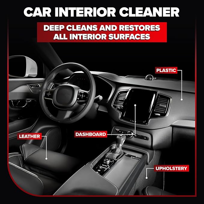 Carfidant Car Interior Cleaner – Stain Remover & Odor Eliminator – No Residue Finish – Safe on Leather, Fabric, Carpet & Plastic – Detailing Spray with Microfiber Towel – 128oz