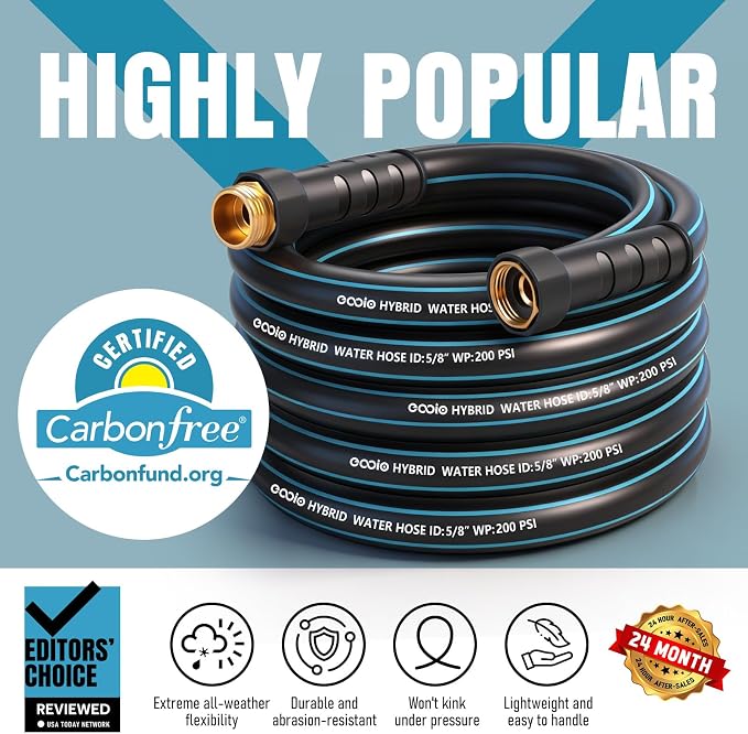 Garden Hose 50 ft x 5/8" with Nozzle, Water Hose Heavy Duty Flexible, Lightweight Kink-less Hybrid Hose with Swivel Handle, Male to Female Fittings