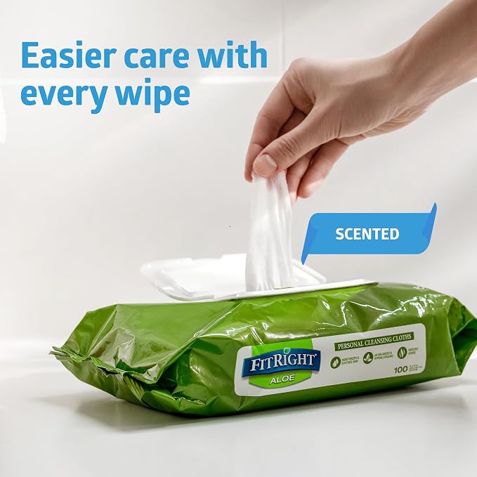 FitRight Personal Cleansing Wipes with Aloe 8x10 Scented 816 Count | Moisturizing Body Wipes for Adults, Incontinence Cleaning, Cloth Wipes for Elderly Care & Bathing