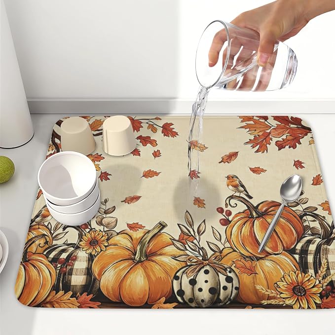 Fall Orange Pumpkin Dish Drying Mat for Kitchen Counter 16 x 18 Inch Autumn Maple Leaf Dish Drainer Mat Absorbent Microfiber Thanksgiving Harvest Dish Rack Pad for Coffee Dining Bar Decor