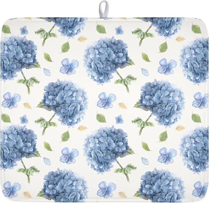 Spring Summer Blue Floral Dish Drying Mat 16x18 Inch | Hydrangea ，Polyester，Absorbent Microfiber，for Kitchen Coffee Dining Bar Decor