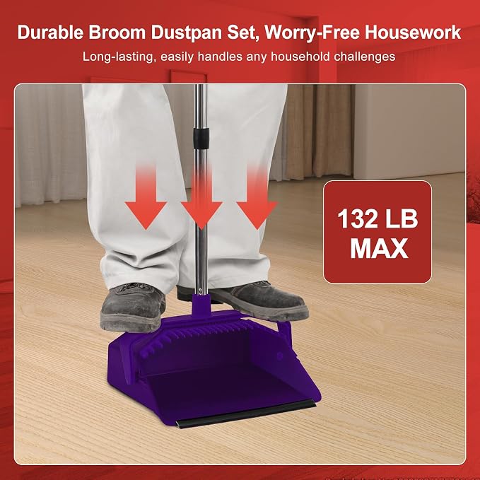 Broom and Dustpan Set for Home, 51" Long Handle Standing Dustpan Purple | Self-Cleaning Dust Pan and Brooms, ZeroGap Lip, Upright Storage Broom Combo for Kitchen Lobby Office Restaurant Indoor