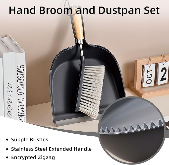 Hand Broom and Dustpan Set with Bamboo and Stainless Steel Handle, PET Bristles, Portable Cleaning Kitchen Countertops, Table Tops,Crumbs,beds,Sofas,Camping,Cars and Animal Cages