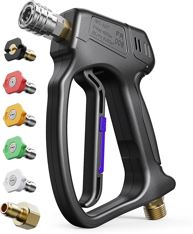 Short Pressure Washer Gun, 4000 PIS Power Washer Gun Car Washing | Stubby High Pressure Washer Gun, M22-14mm, 3/8" Male Plug, 1/4" Quick Connect, 5 Spray Nozzle, Car Wash Gun for Foam Cannon